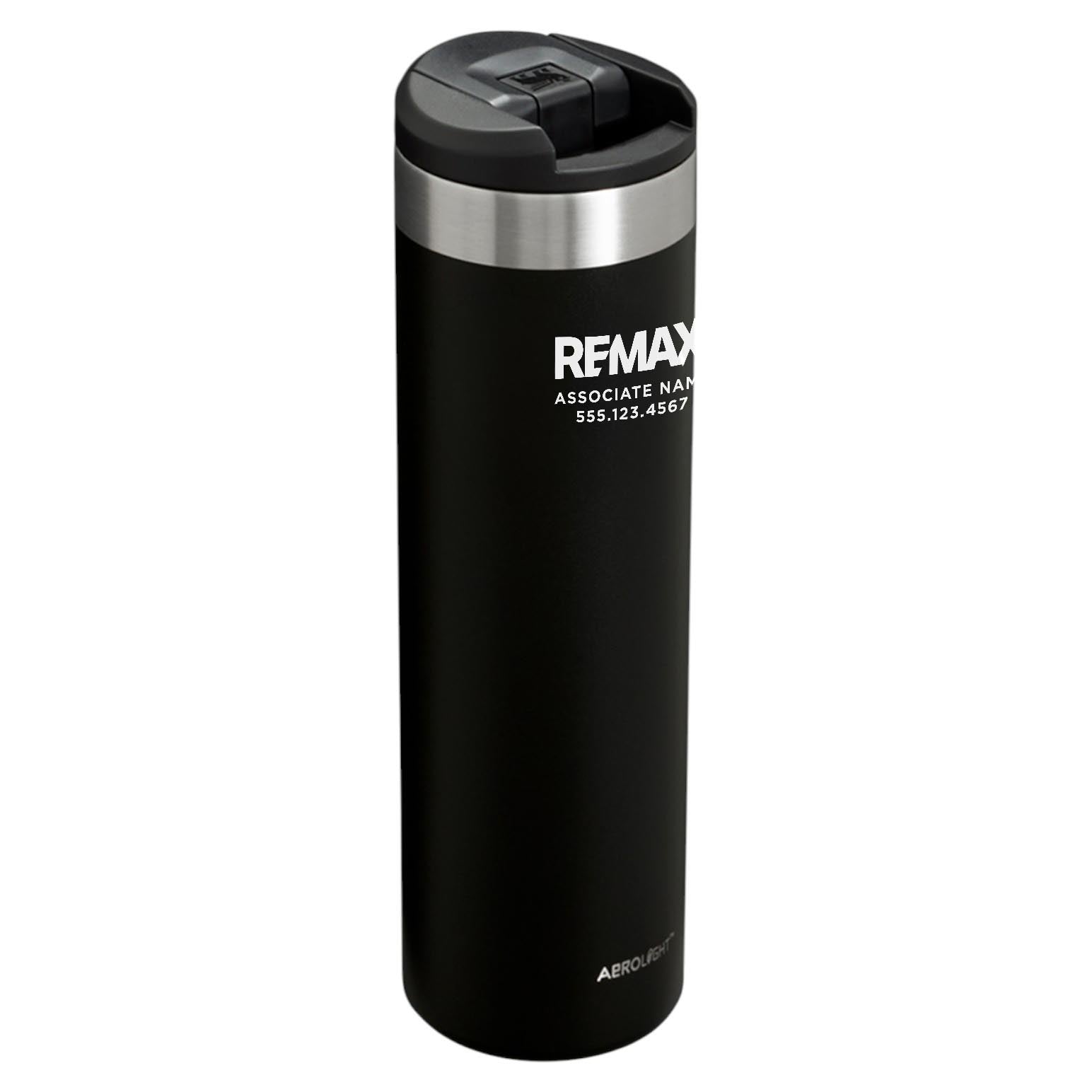 Black thermos with REMAX branding on a white background