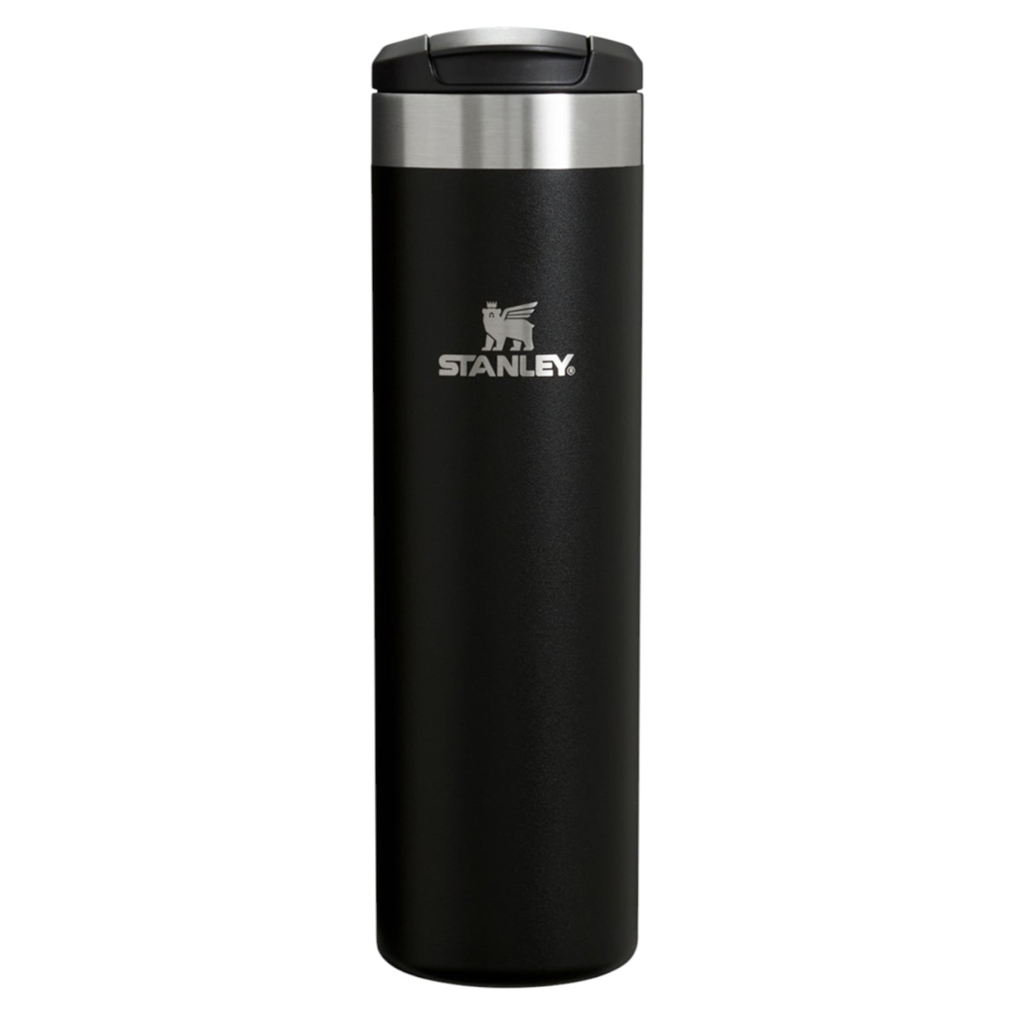 Black Stanley tumbler with a silver lid on a white background