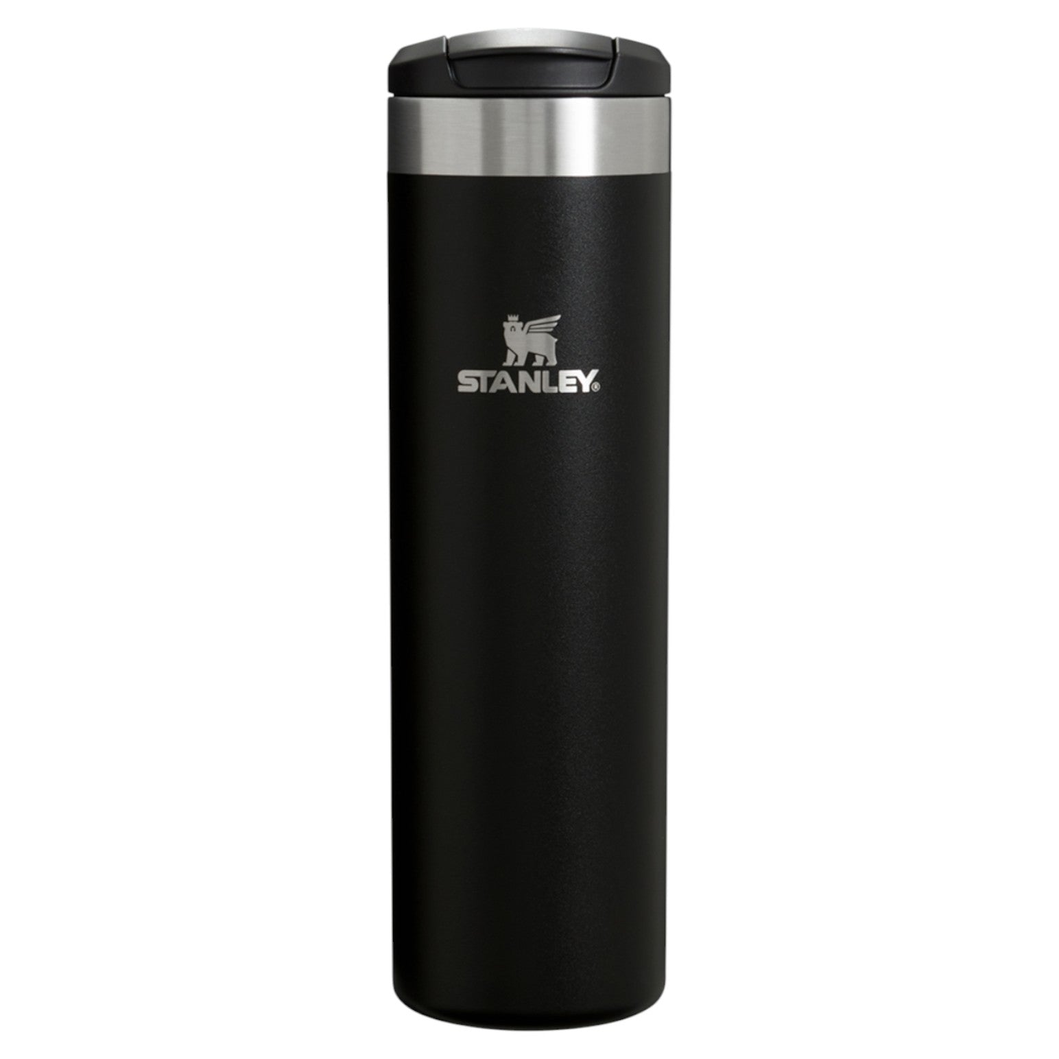 Black Stanley tumbler with a silver lid on a white background