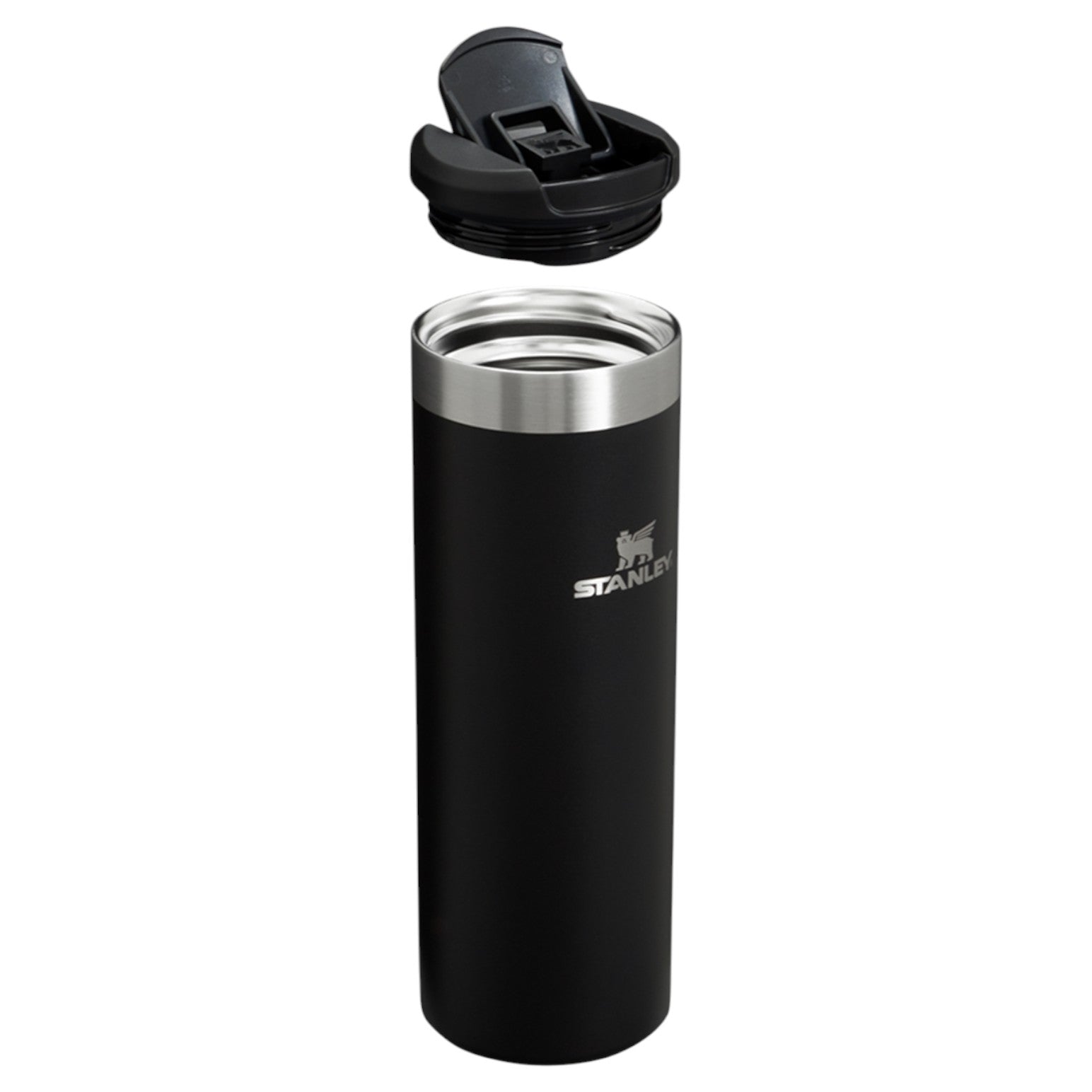 Black Stanley insulated tumbler with lid on a white background