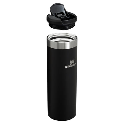 Black Stanley insulated tumbler with lid on a white background