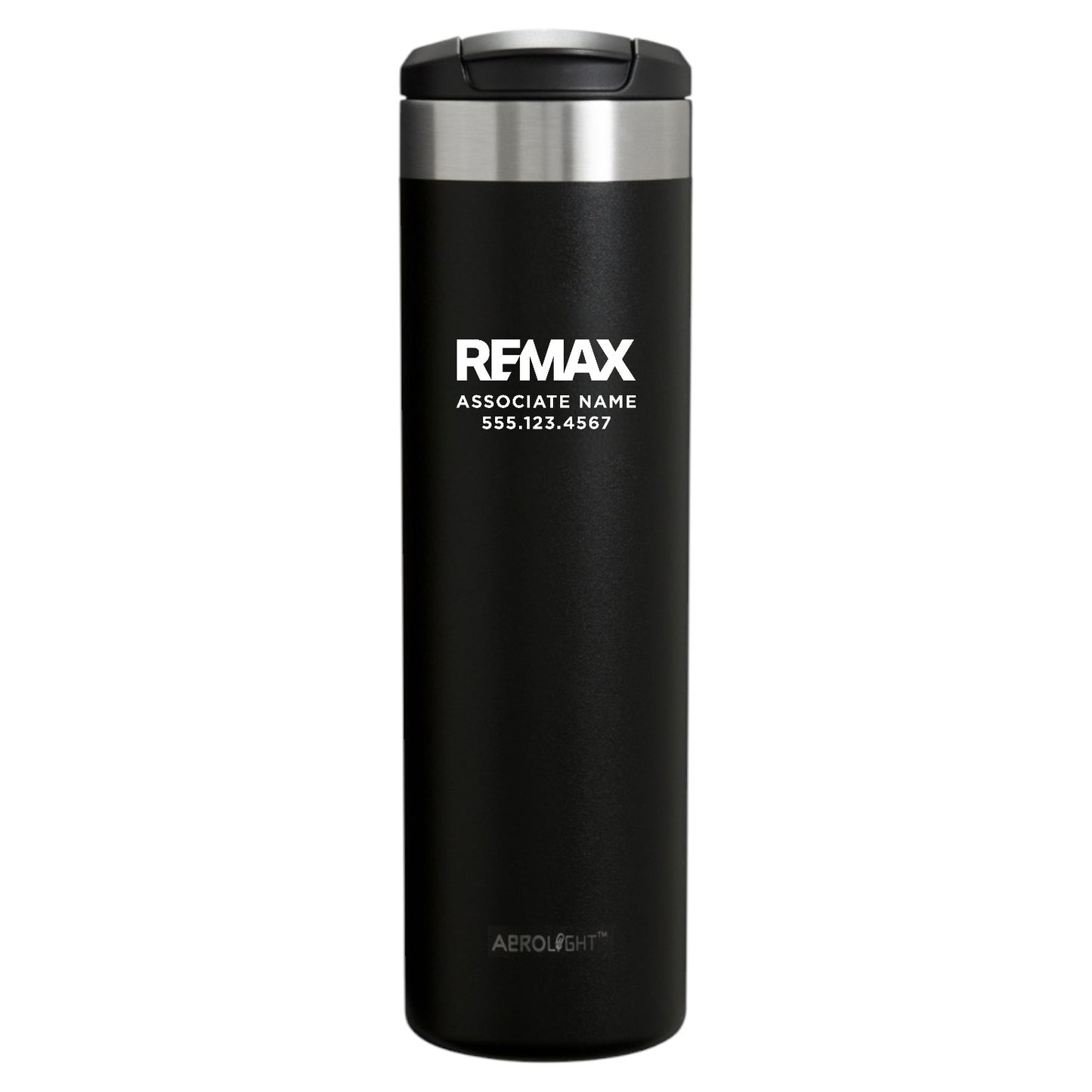 Black tumbler with REMAX branding on a white background
