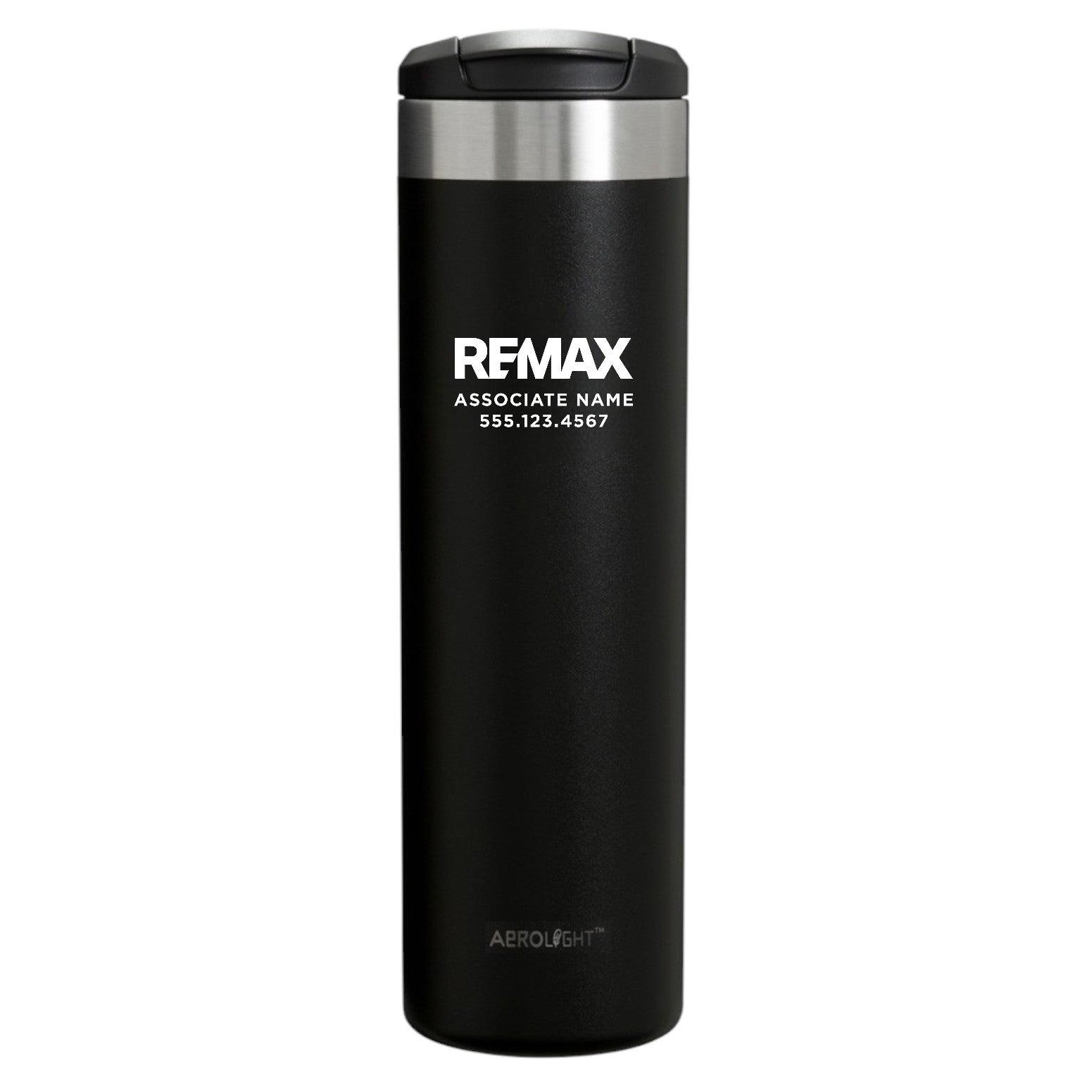 Black tumbler with REMAX branding on a white background