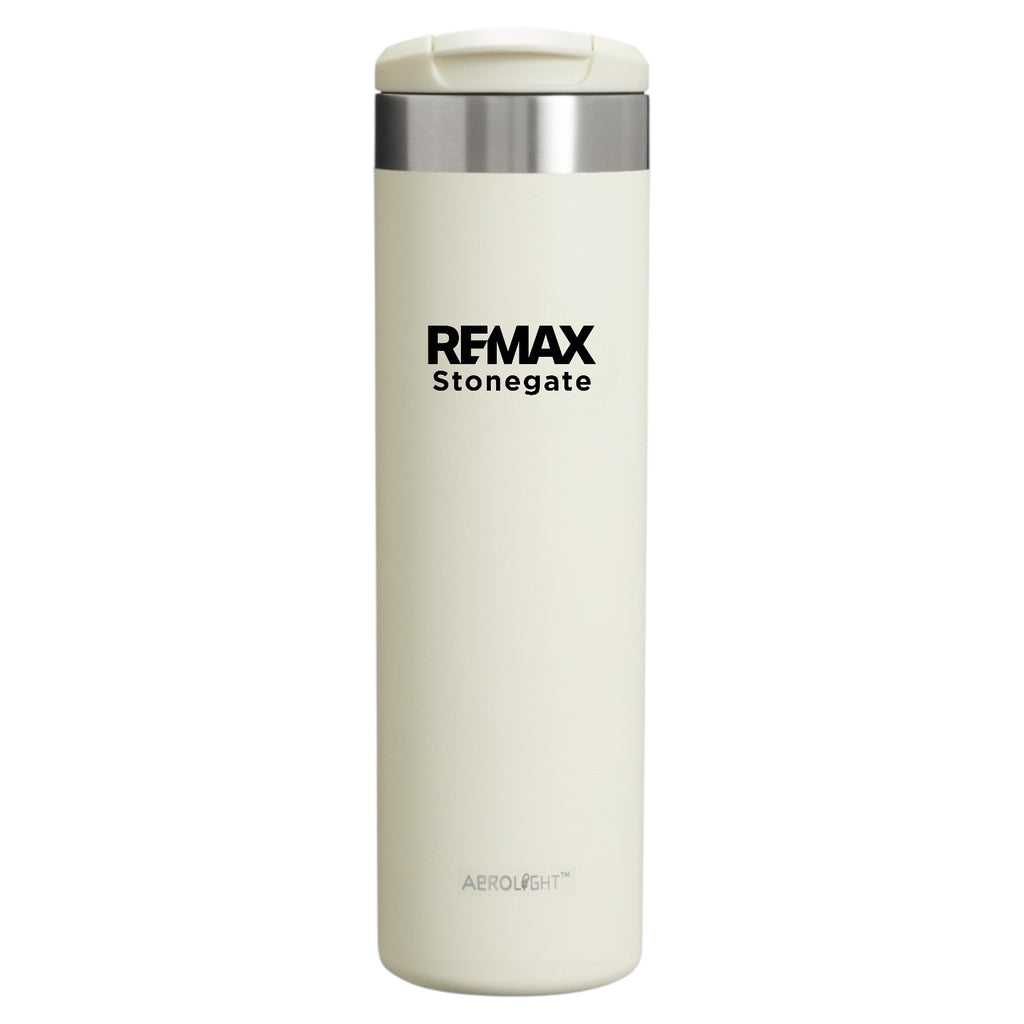 Beige thermos with Remax Stonegate branding on a white background