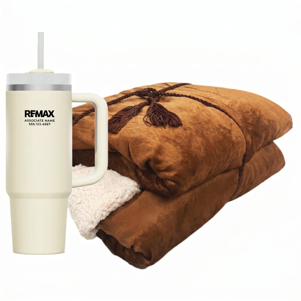 Brown blanket with white tassels and a beige tumbler with REMAX branding on a white background