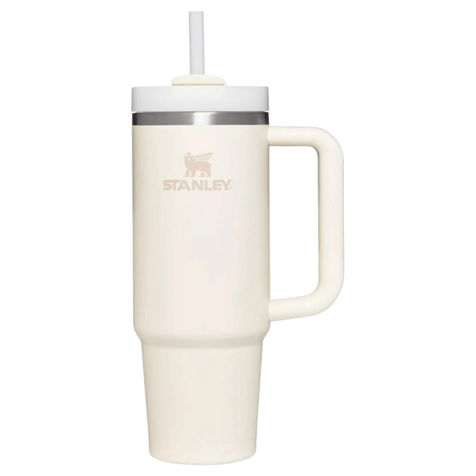 Cream-colored mug with handle and straw lid on a white background, featuring Stanley logo.
