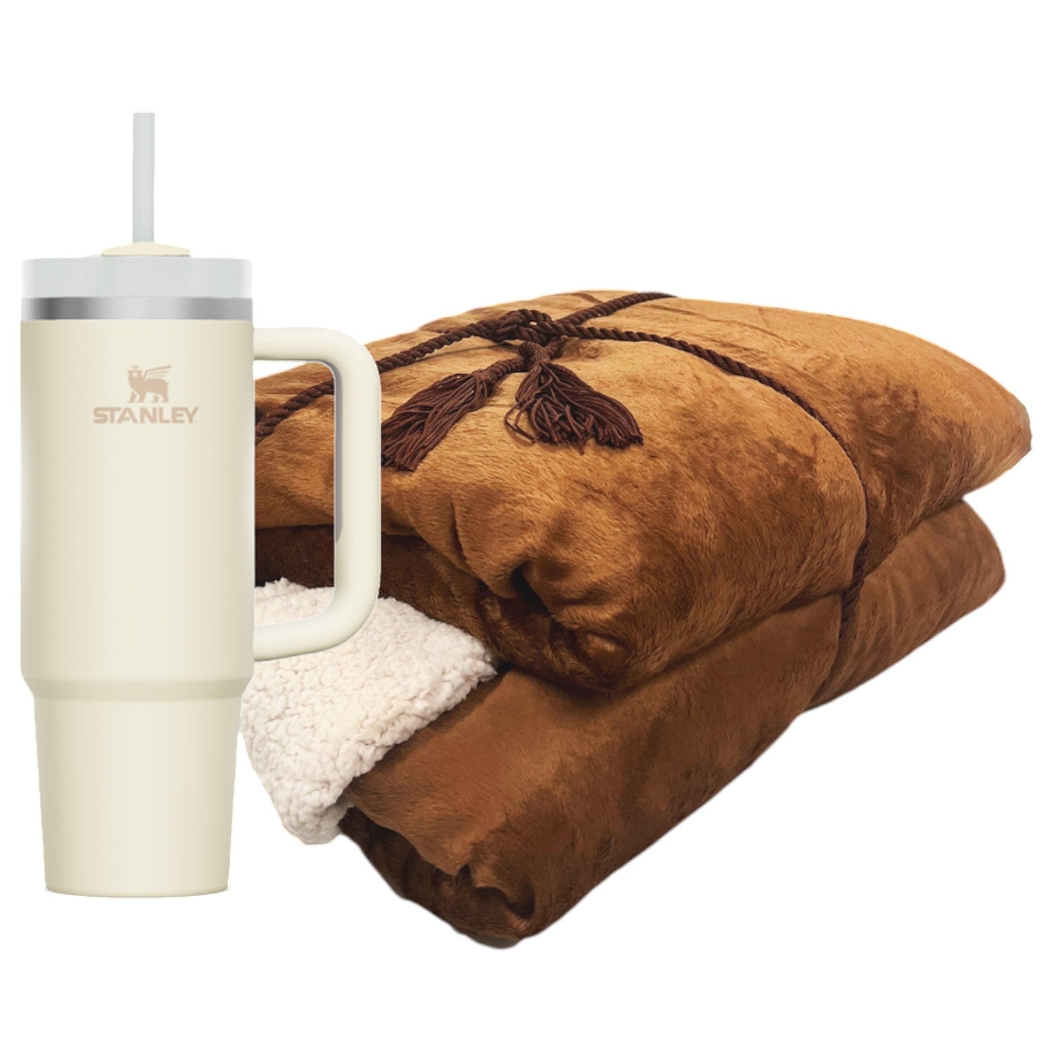Brown blanket with tassels and a white Stanley tumbler on a white background