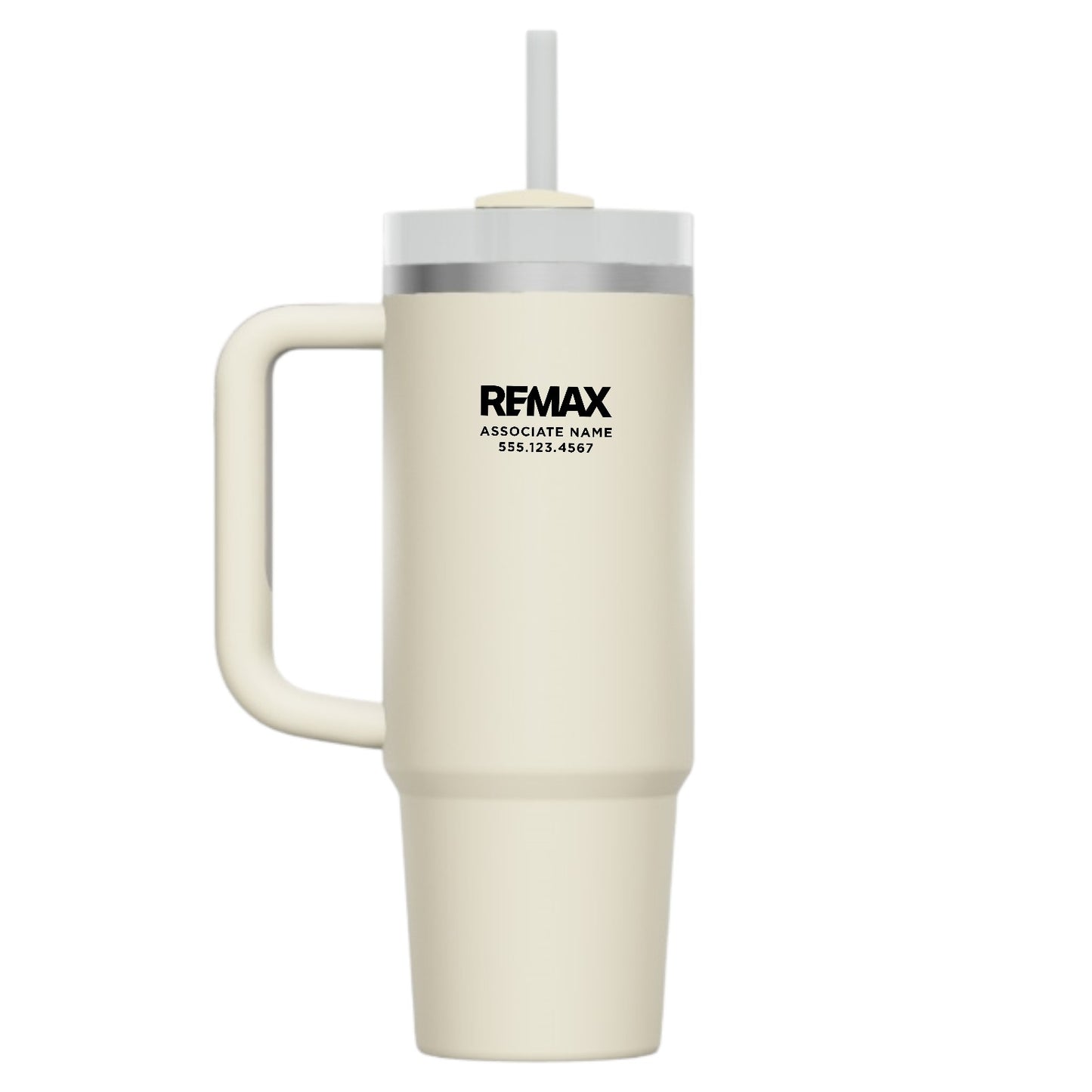 Beige travel mug with handle and straw lid featuring 'REMAX' branding on a white background
