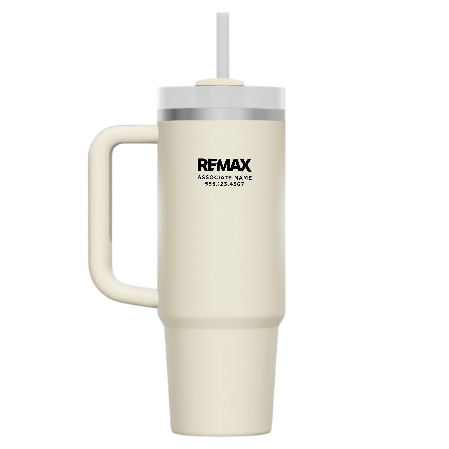 Beige travel mug with handle and straw lid featuring 'REMAX' branding on a white background