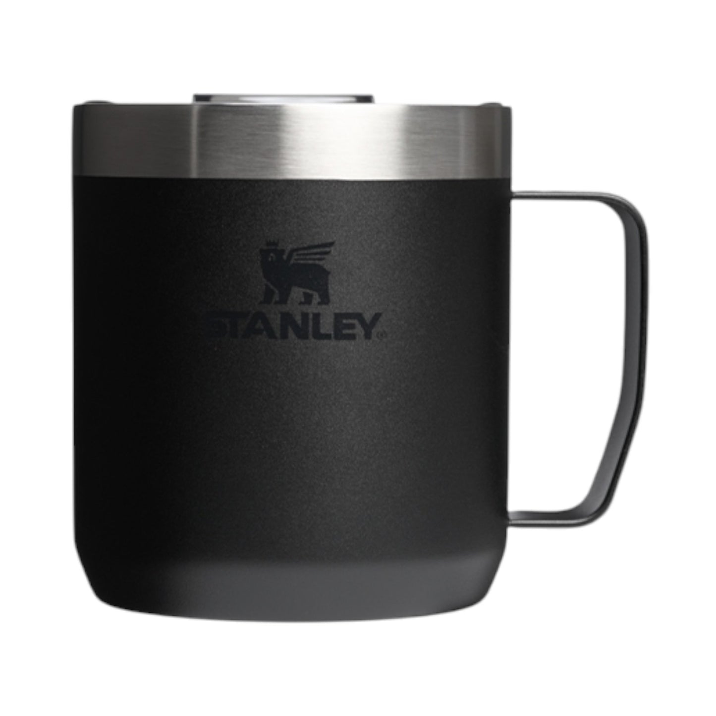 Black Stanley mug with a silver rim on a white background