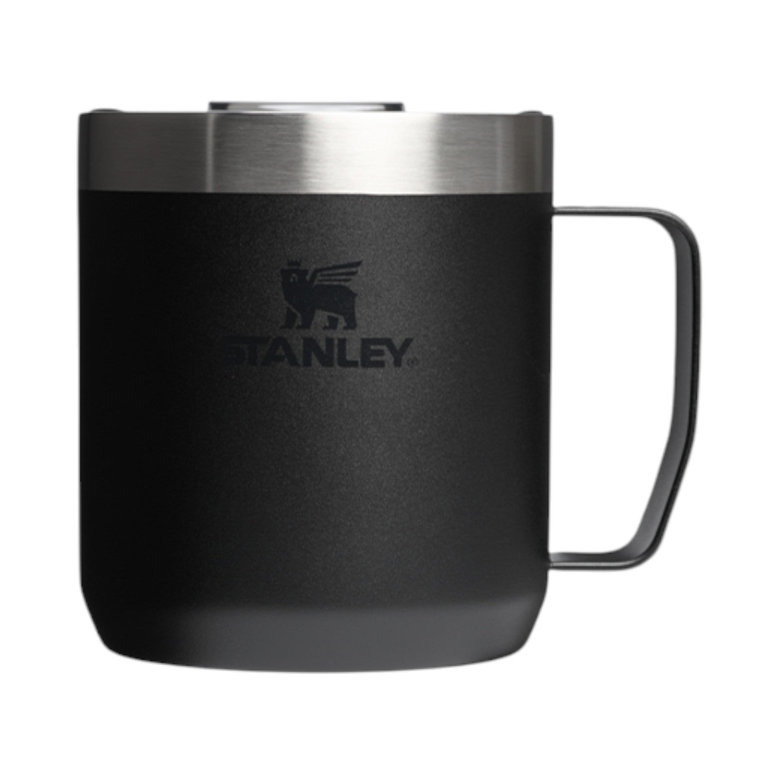 Black Stanley mug with a silver rim on a white background