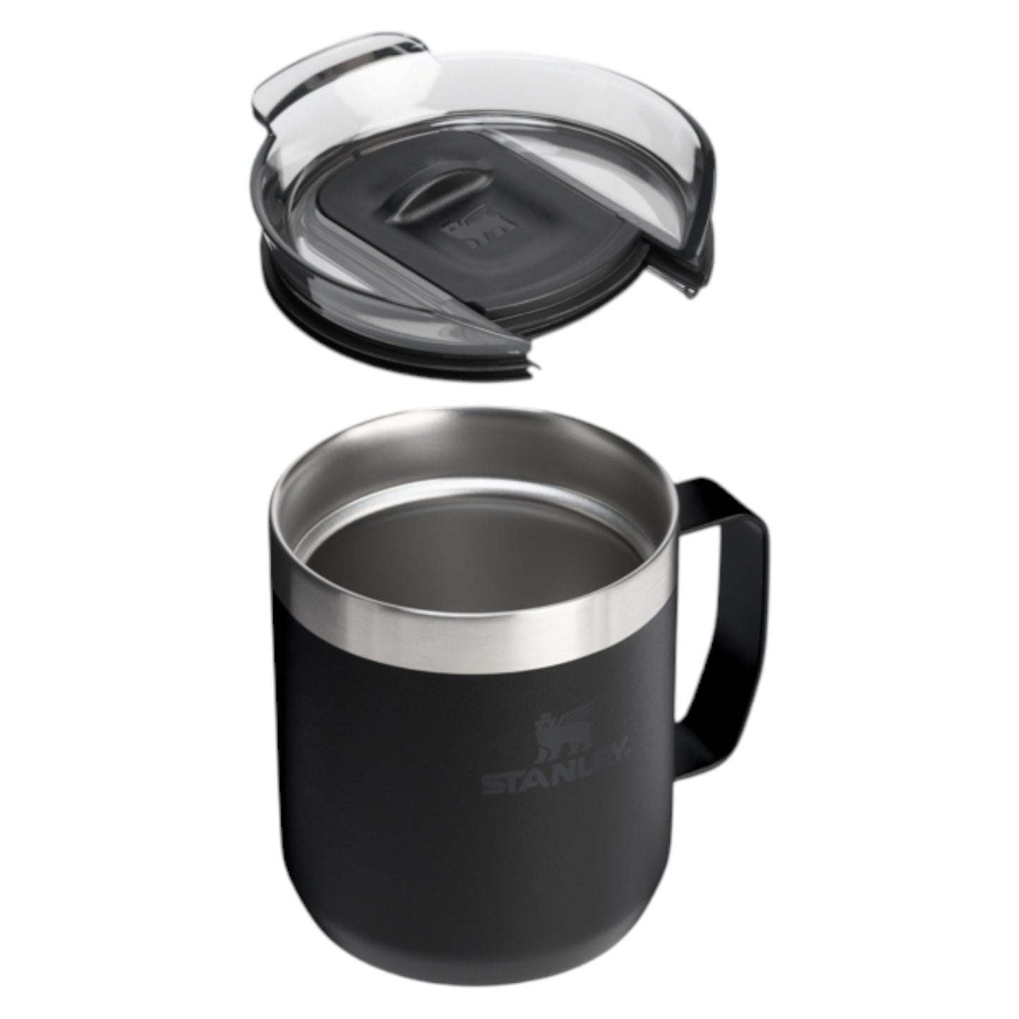 Black Stanley mug with a lid on a white background