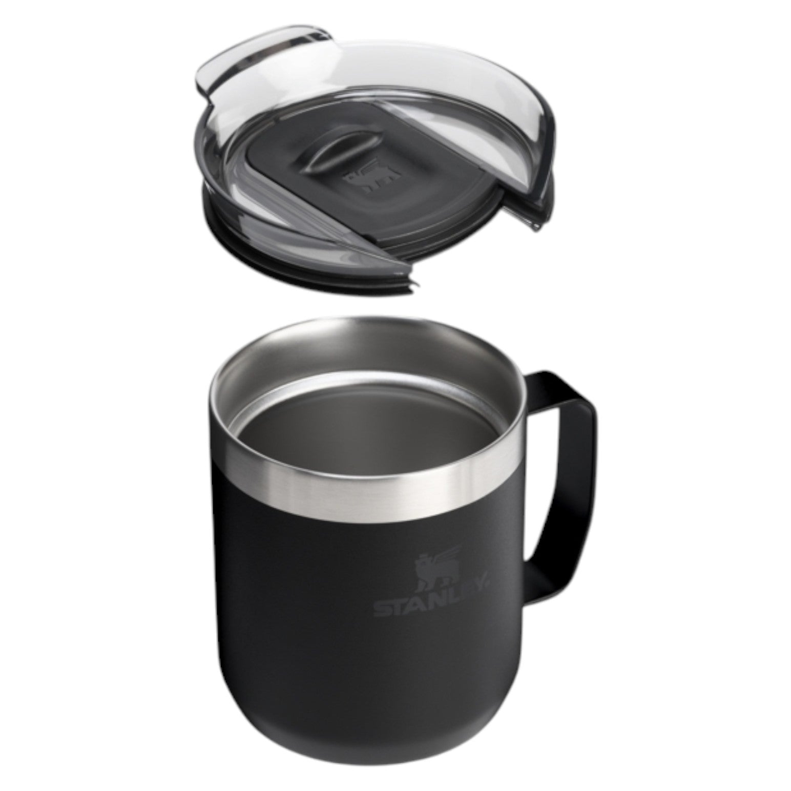 Black Stanley mug with a lid on a white background