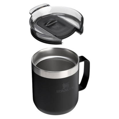 Black Stanley mug with a lid on a white background