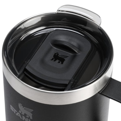 Black insulated mug with a silver lid and handle, featuring a brand logo on a white background.