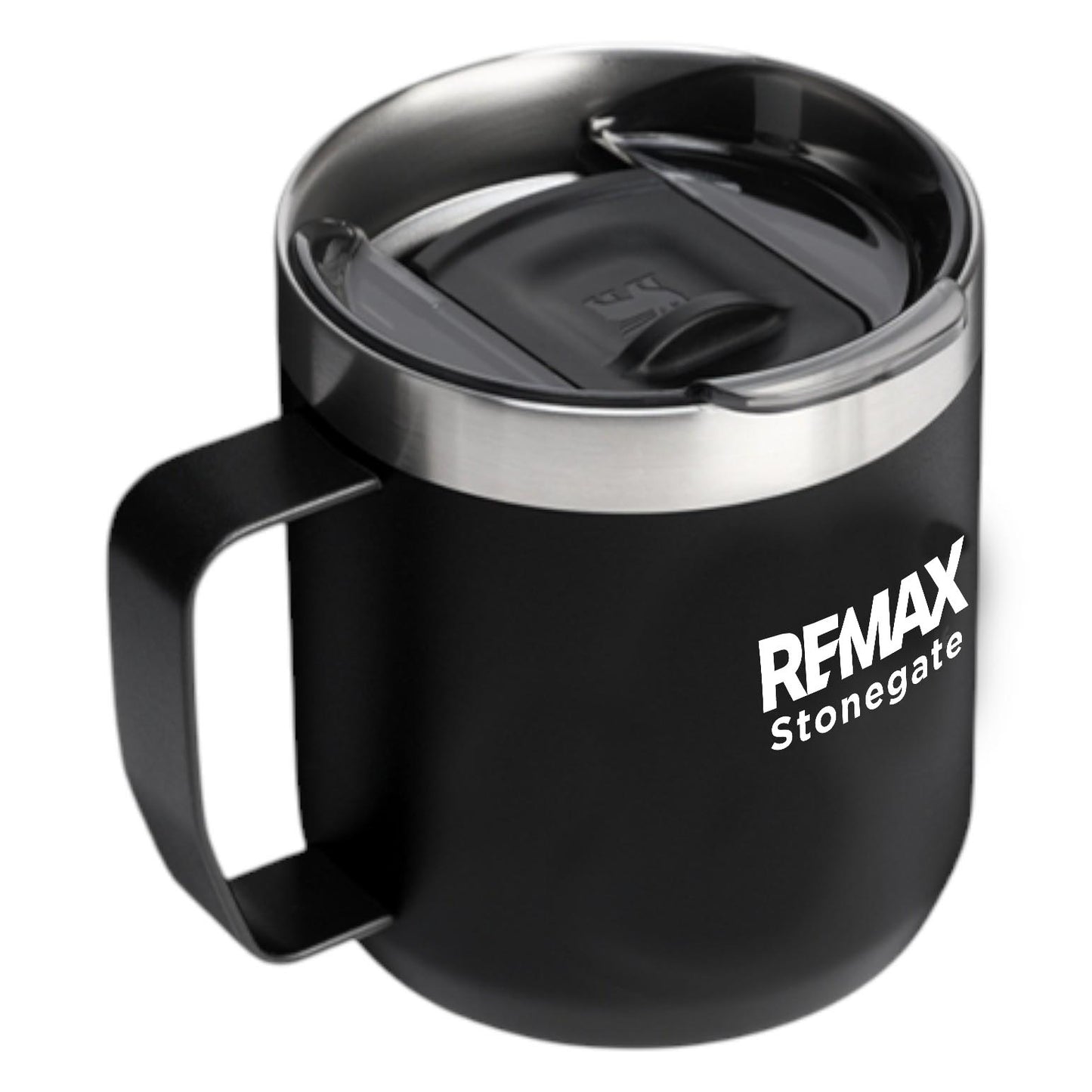 Black insulated mug with silver lid featuring 'REMAX Stonegate' branding on a white background