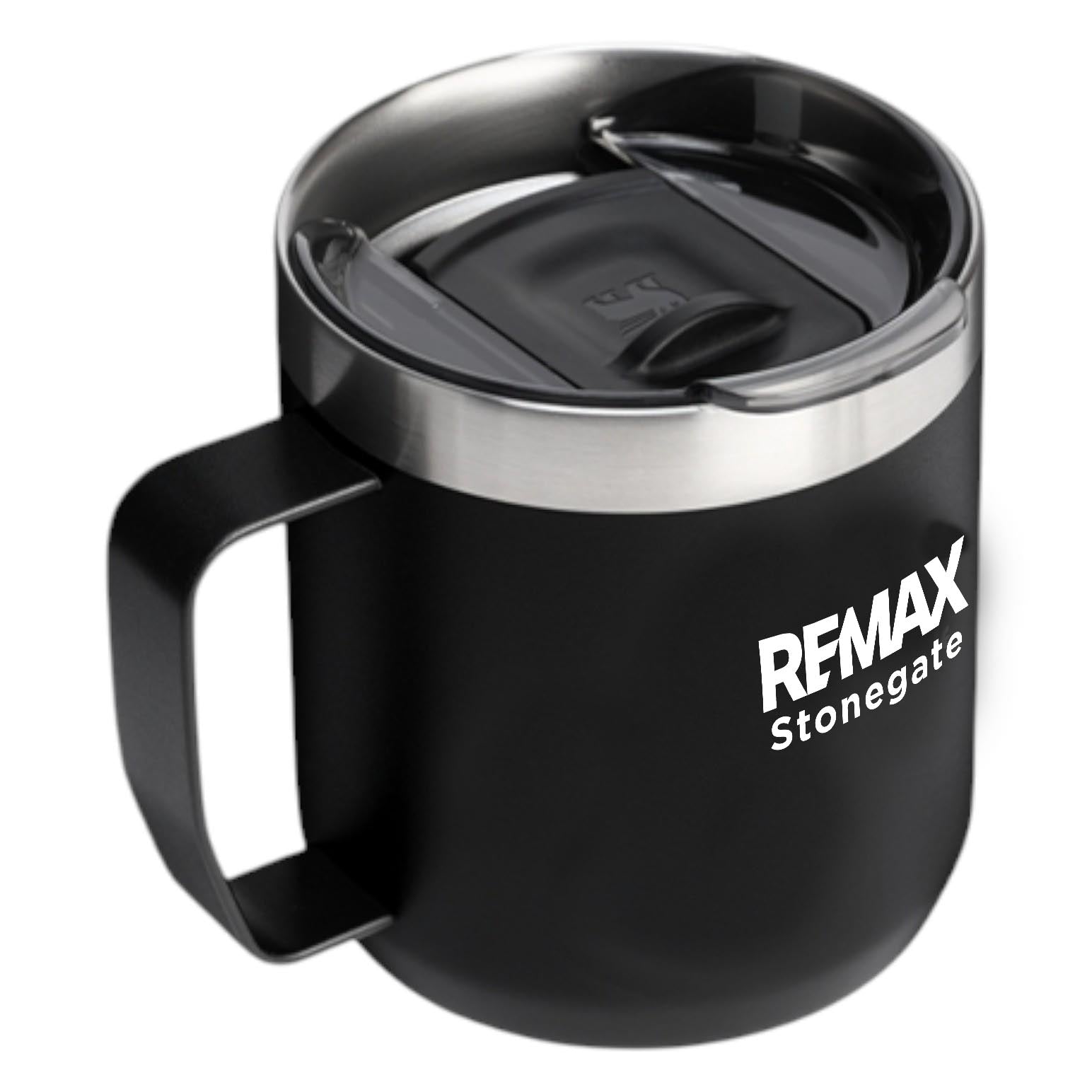 Black insulated mug with silver lid featuring 'REMAX Stonegate' branding on a white background