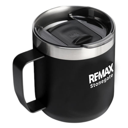 Black insulated mug with silver lid featuring 'REMAX Stonegate' branding on a white background