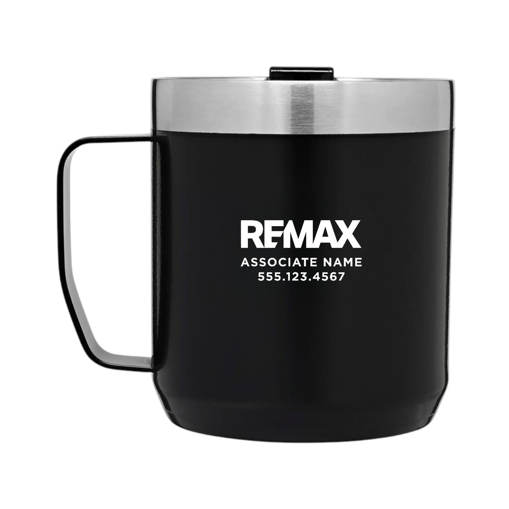 Black insulated mug with REMAX logo and contact information on a white background