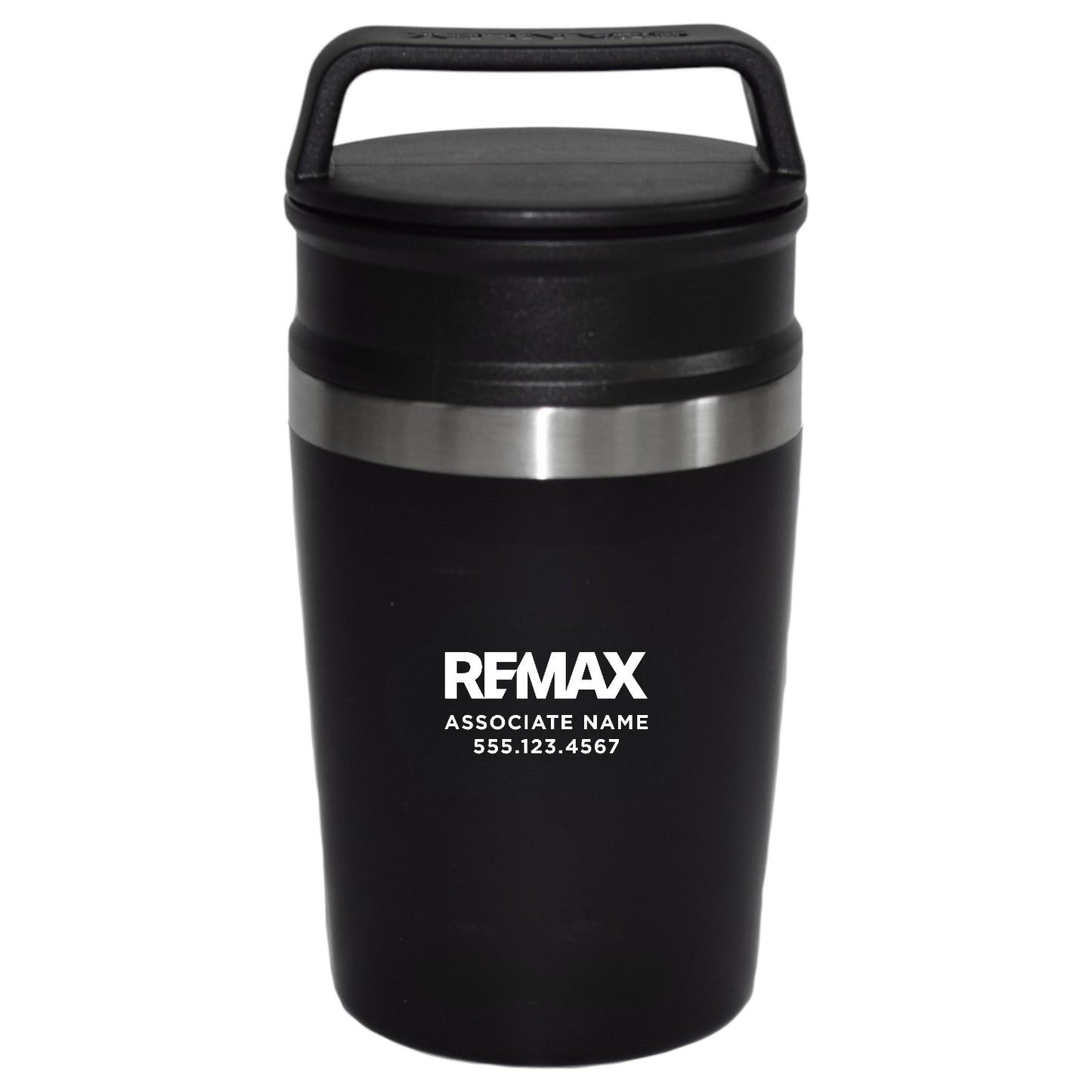 Black insulated travel mug with REMAX logo and contact information on a white background