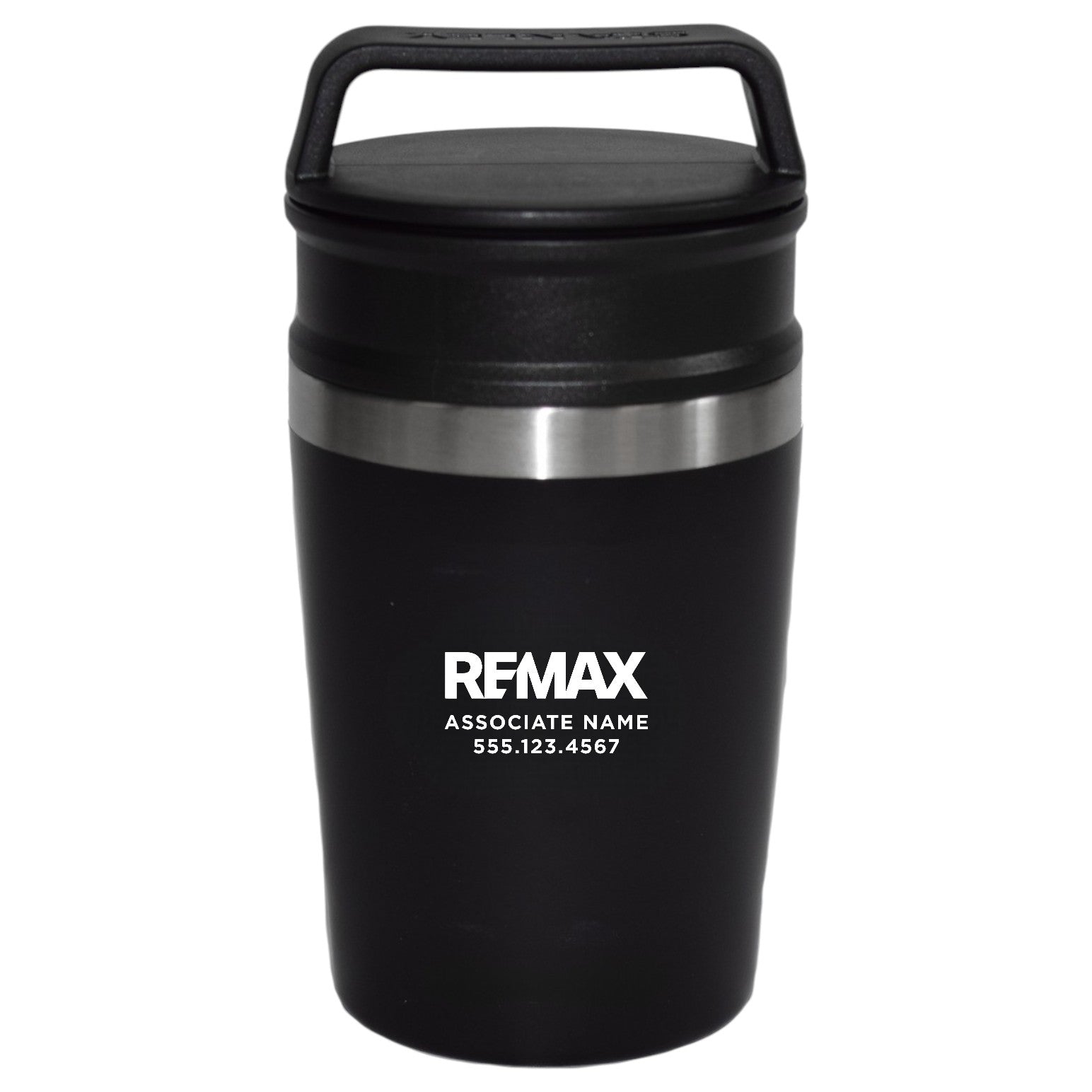 Black insulated travel mug with REMAX logo and contact information on a white background