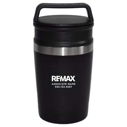 Black insulated travel mug with REMAX logo and contact information on a white background