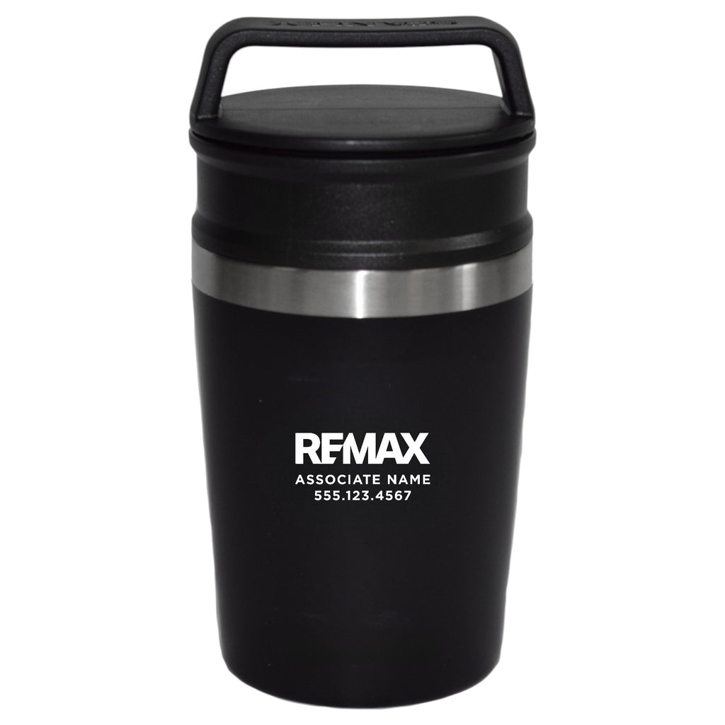 Black insulated travel mug with REMAX logo and contact information on a white background