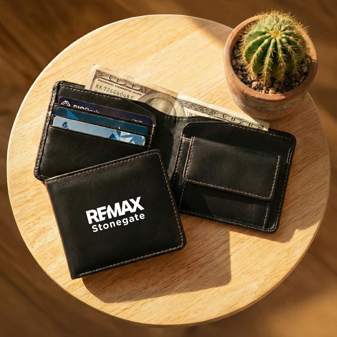 Black wallet with REMAX Stonegate logoi in a living 