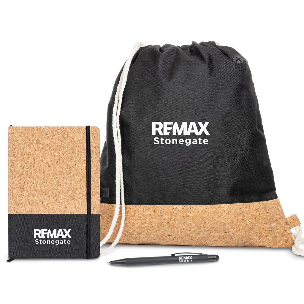 Gift set consisting of a drawstring bag, a pen, and a black coloured journal at a white background.