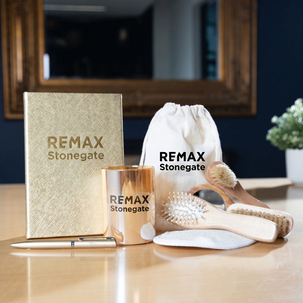 gold remax journal with white care bag