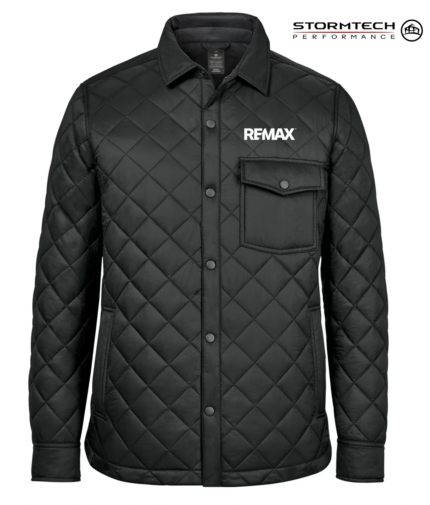 Black quilted jacket with REMAX logo on a white background, featuring Stormtech Performance branding.