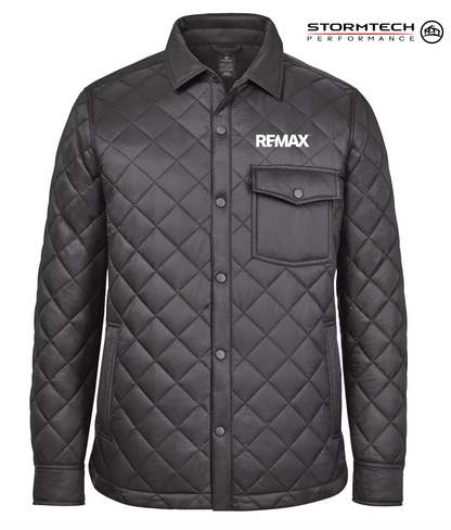 Black quilted jacket with REMAX logo on a white background