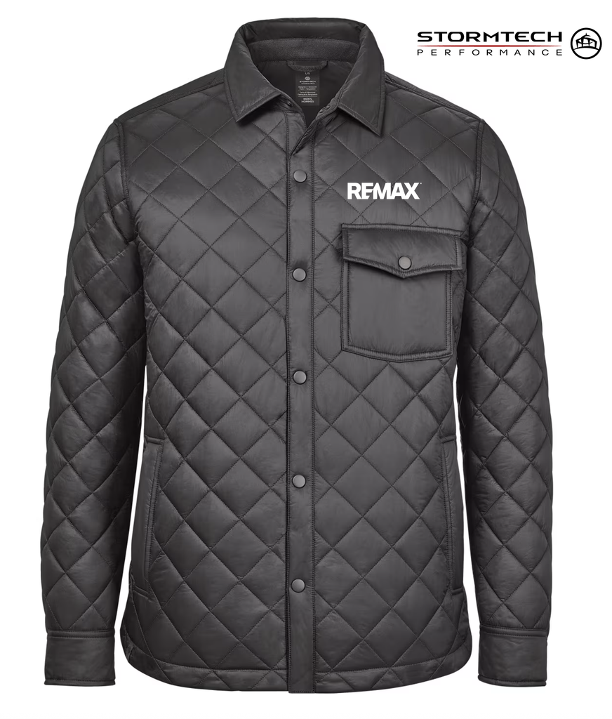 Black quilted jacket with REMAX logo on a white background