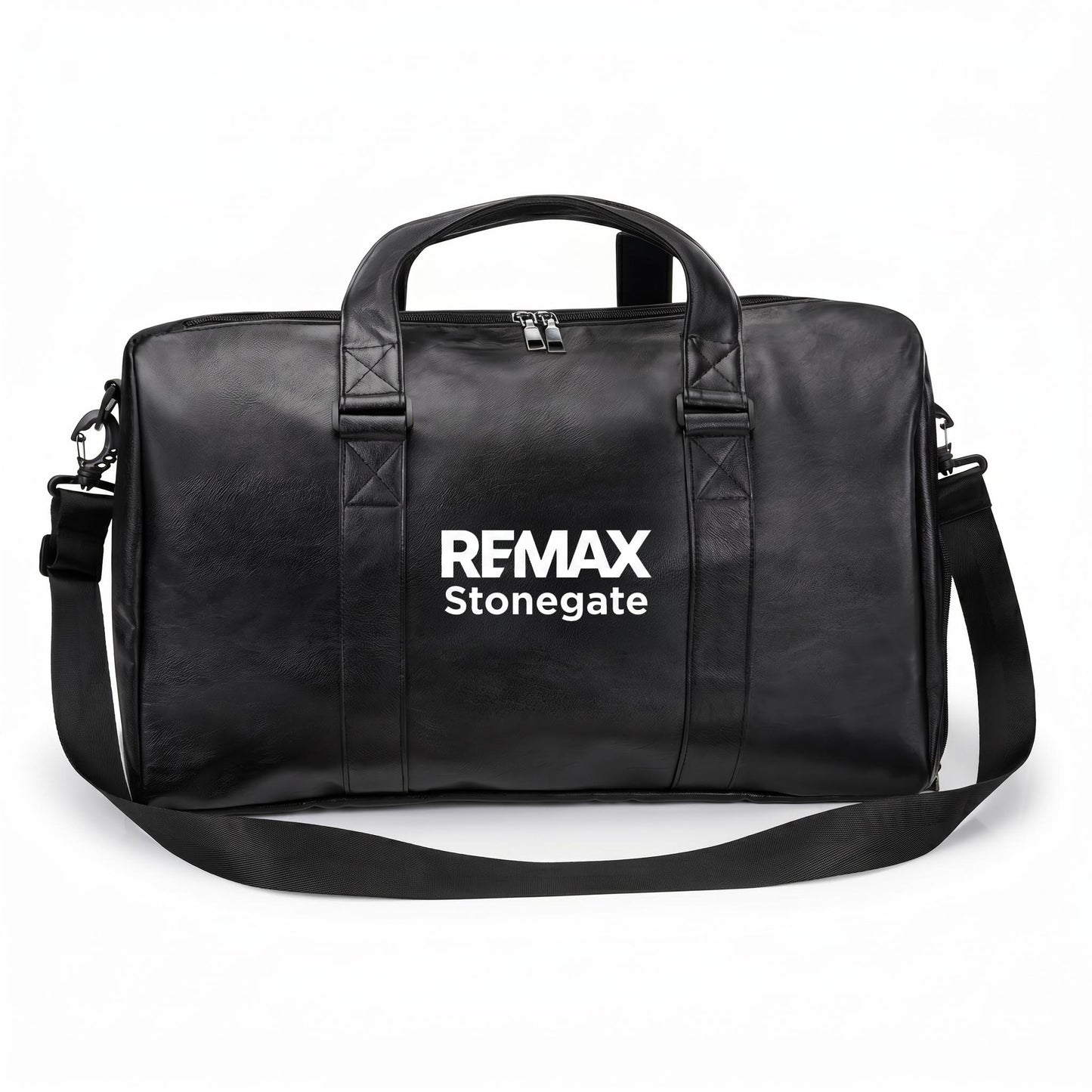Black leather duffle bag with straps and a REMAX Stonegate logo