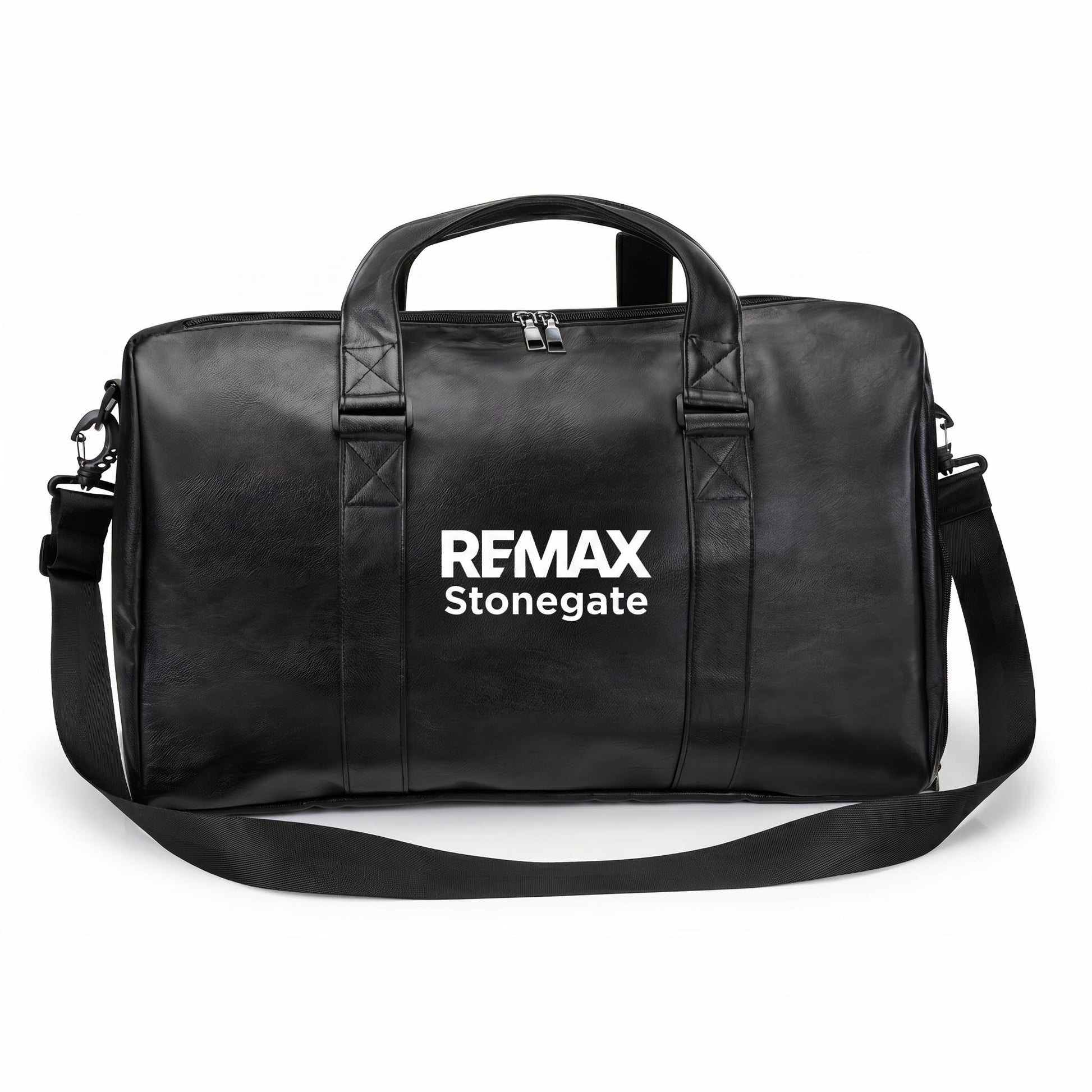 Black leather duffle bag with straps and a REMAX Stonegate logo