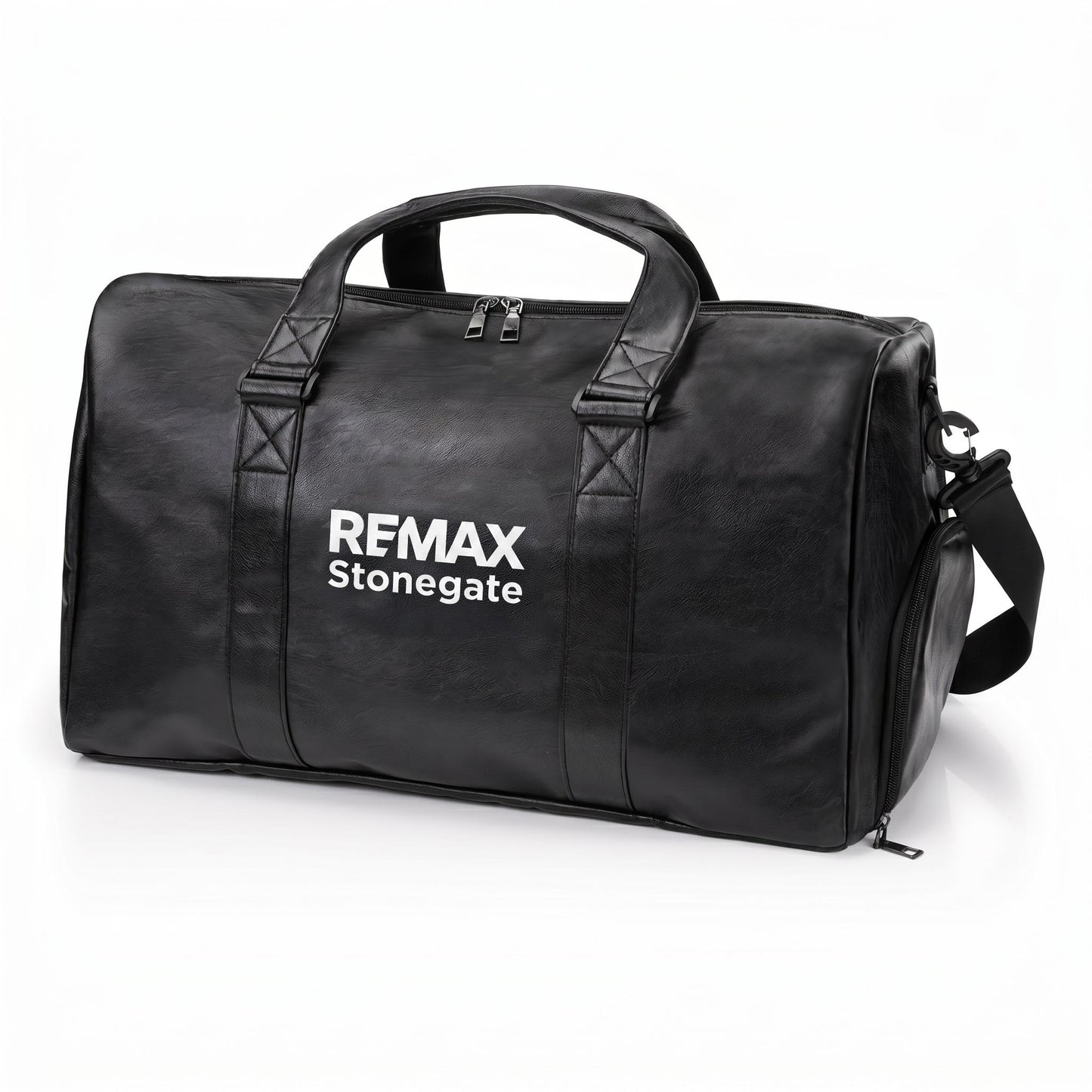 Black leather duffle bag with straps and a REMAX Stonegate logo