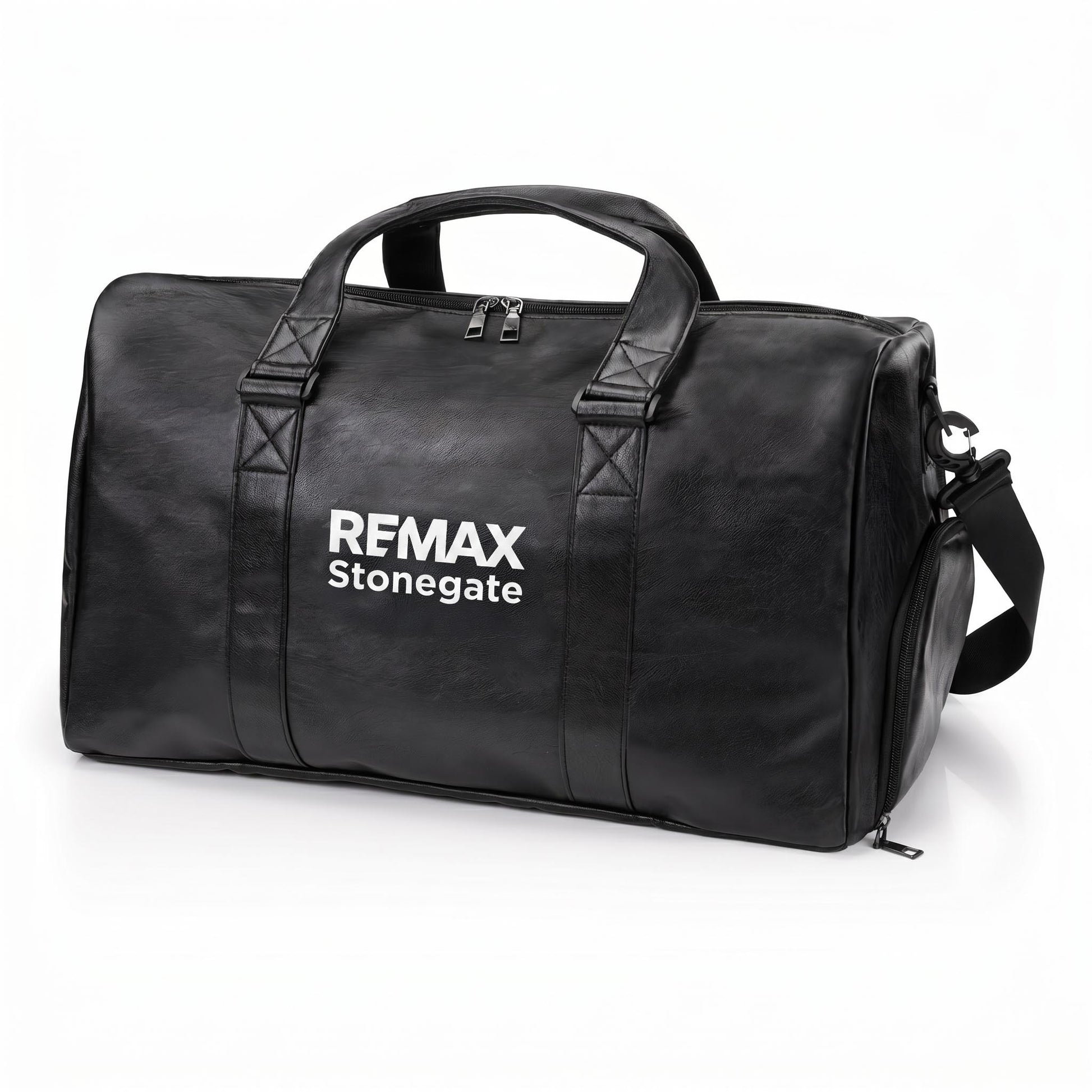 Black leather duffle bag with straps and a REMAX Stonegate logo