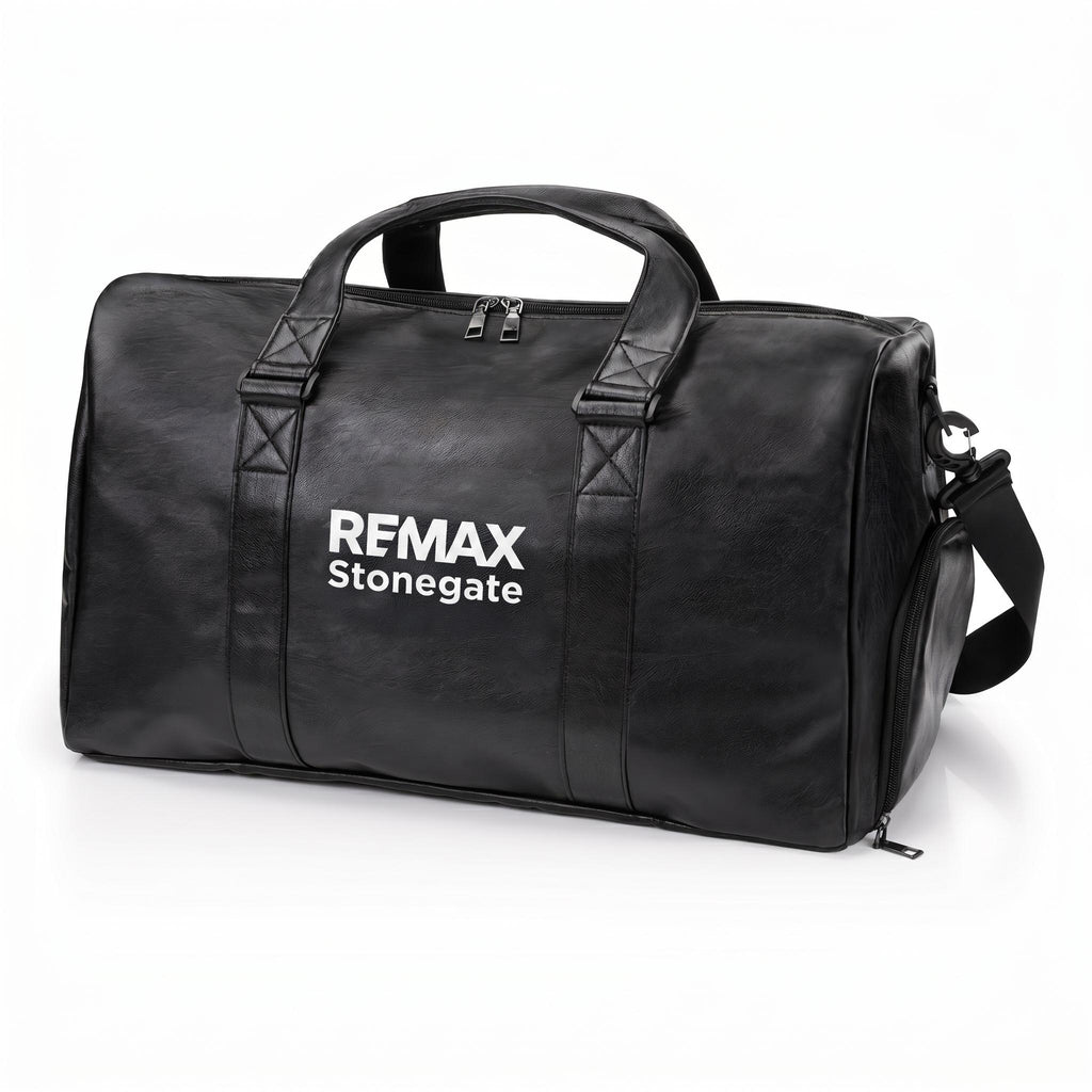 Black leather duffle bag with straps and a REMAX Stonegate logo