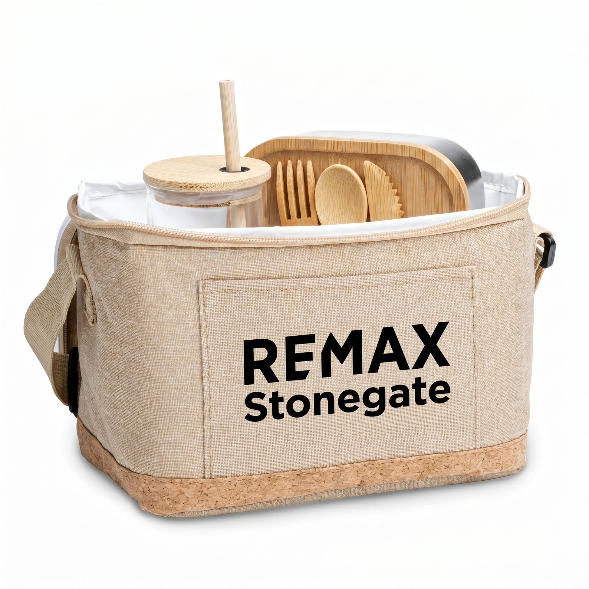 Beige cooler bag with REMAX Stonegate branding containing wooden cutlery and a straw.