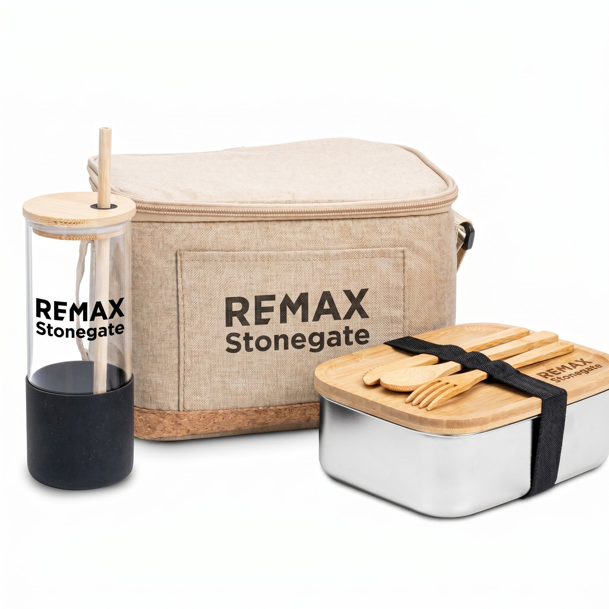 REMAX Stonegate branded lunch box, tumbler, and container set on a white background