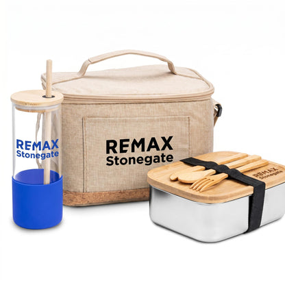 Picnic set with REMAX Stonegate branding including a cooler bag, tumbler, and food container.