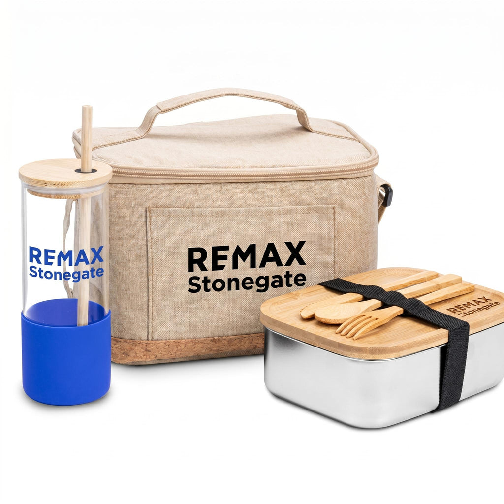 Picnic set with REMAX Stonegate branding including a cooler bag, tumbler, and food container.