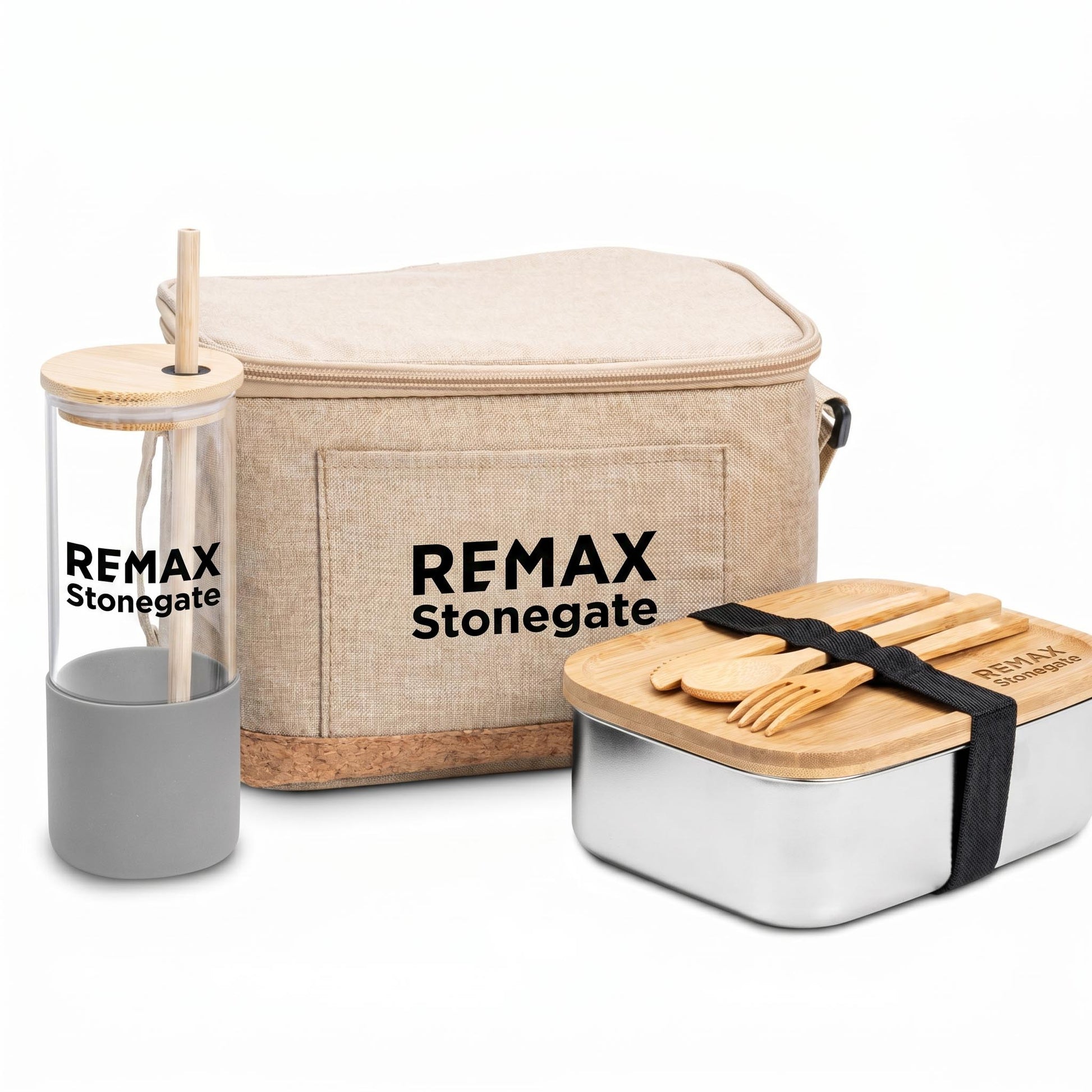REMAX Stonegate branded picnic set with cooler bag, bottle, and food container on a white background