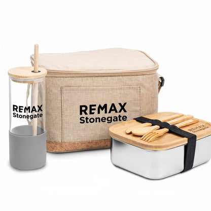 REMAX Stonegate branded picnic set with cooler bag, bottle, and food container on a white background