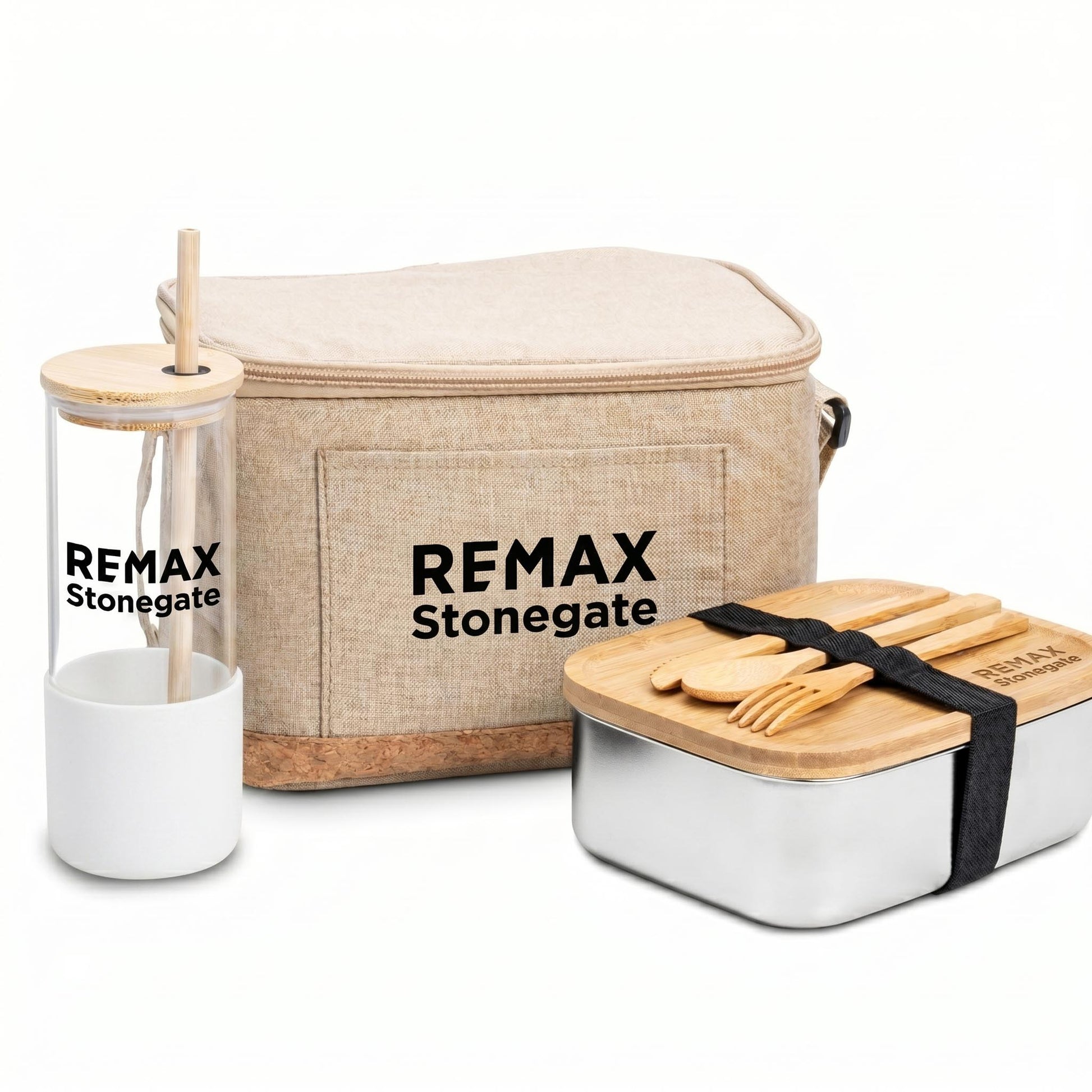 Picnic set with cooler bag, tumbler, and food container featuring Remax Stonegate branding.