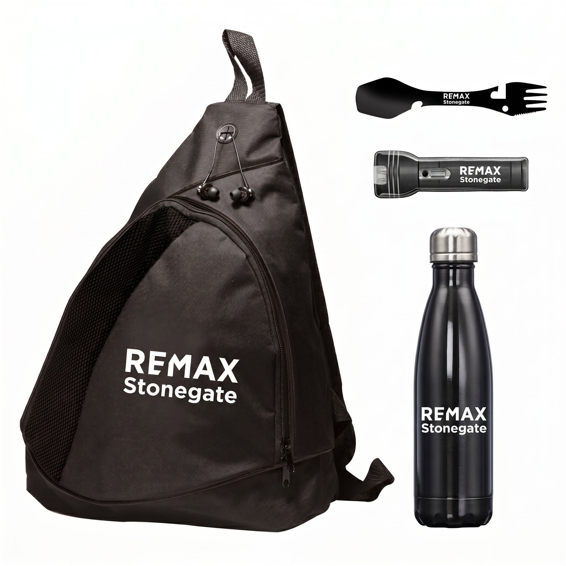 Black sling bag, flashlight, and water bottle with REMAX Stonegate branding on a white background.