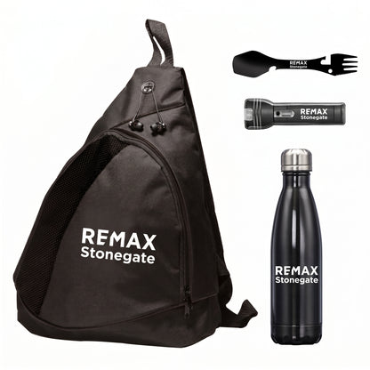 Black sling bag, flashlight, and water bottle with REMAX Stonegate branding on a white background.