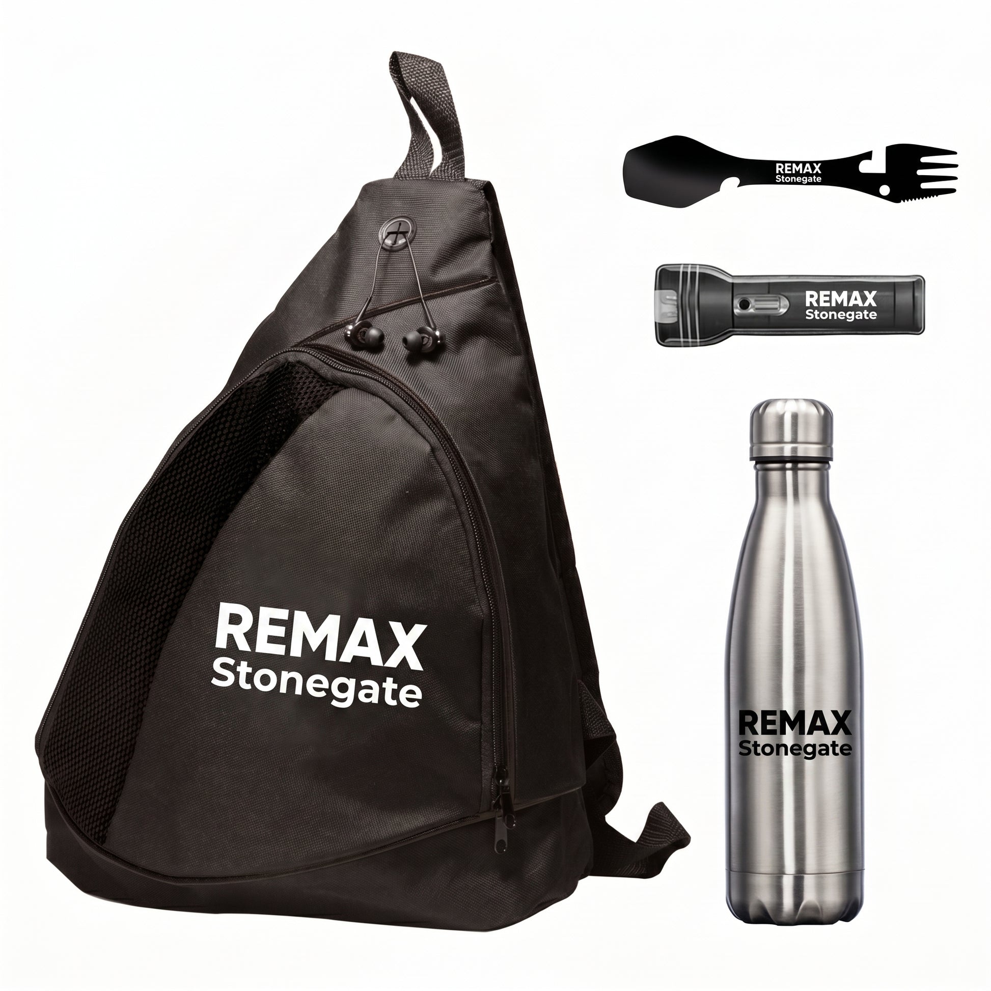 Black sling bag, flashlight, and water bottle with REMAX Stonegate branding on a white background.