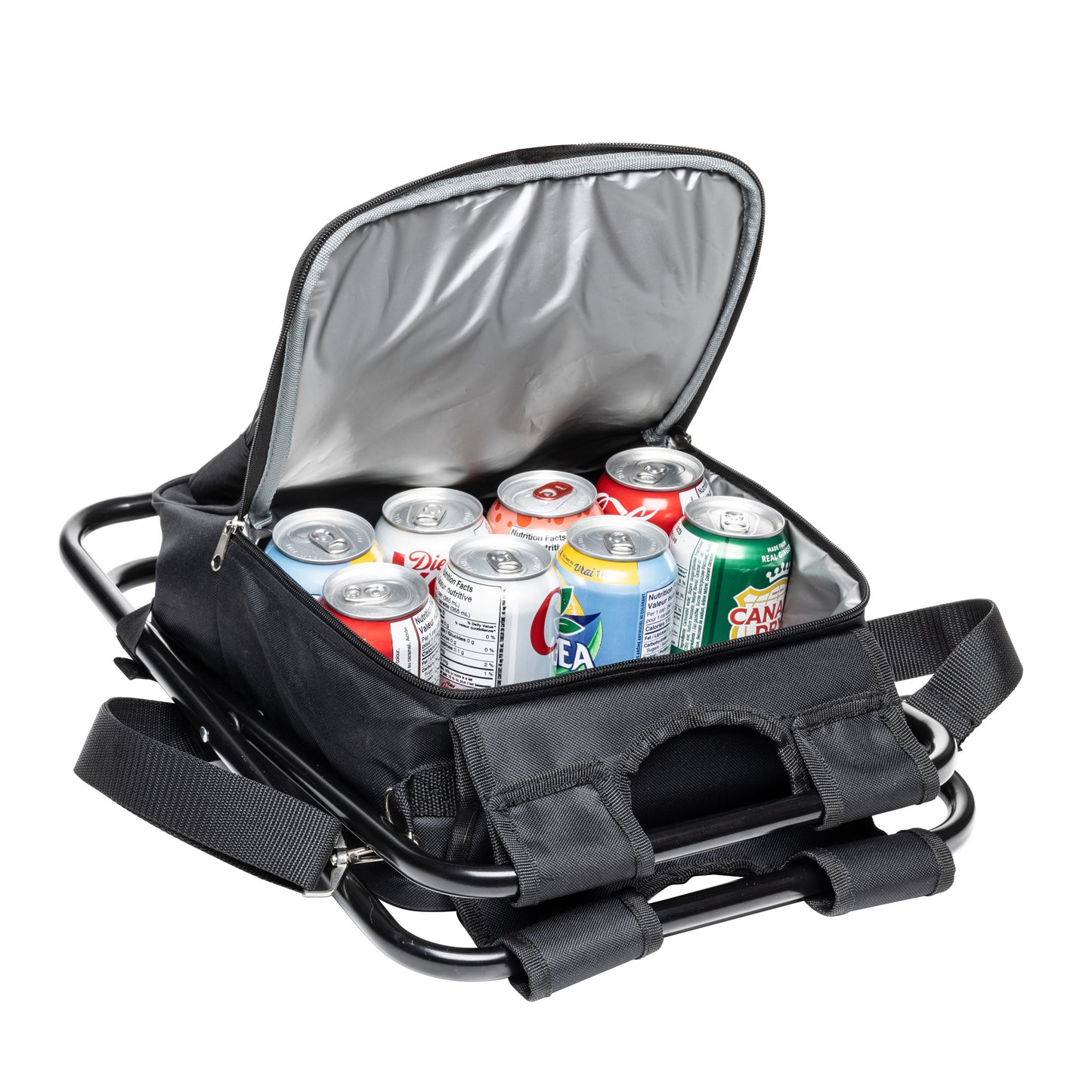 Black cooler bag with multiple beverage cans on a white background