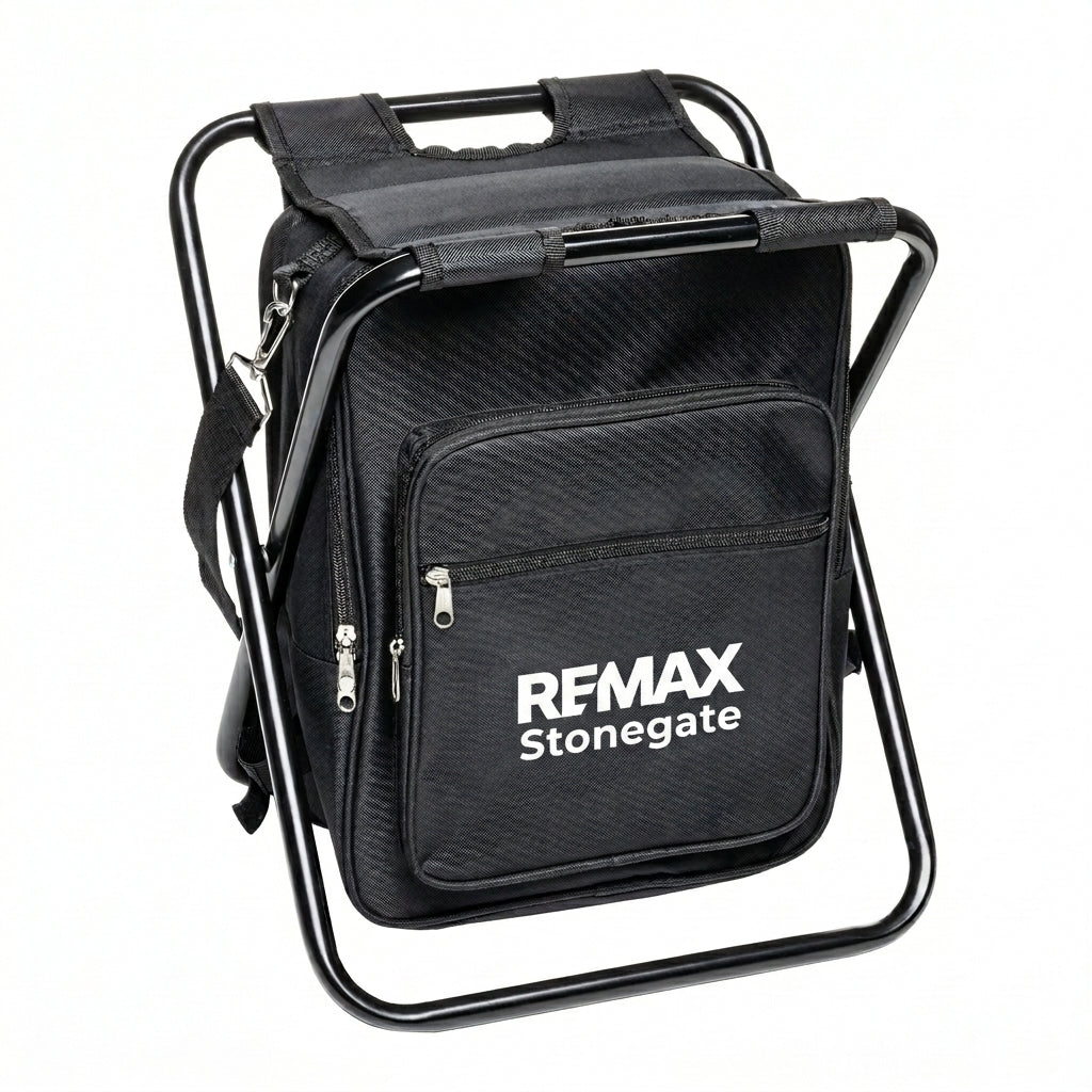 Black folding chair with backpack and Remax Stonegate logo on a white background